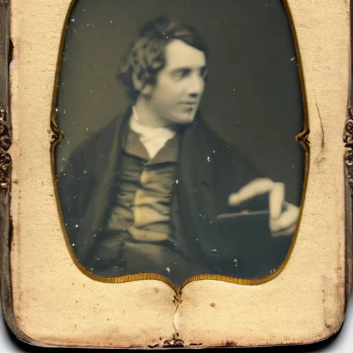 Prompt: a daguerreotype of a man looking at his cell phone.