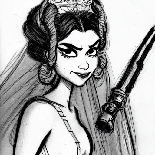 Image similar to milt kahl sketch of vanessa hudgeons with done up hair, tendrils covering face and ponytail as princess padme from star wars episode 3