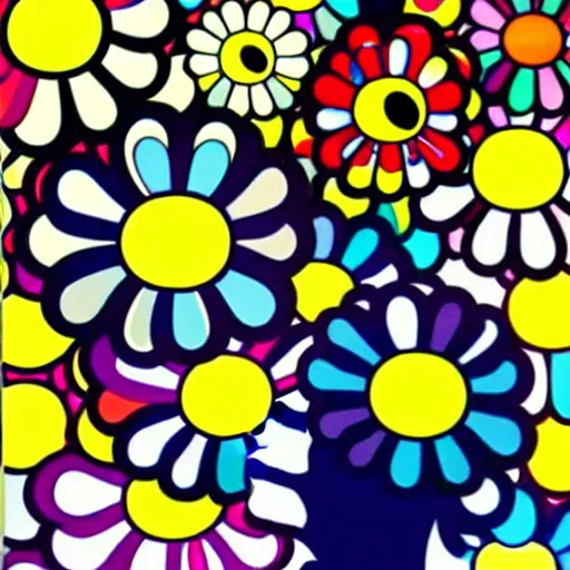 Image similar to silhouette of man's head exploding into flowers, bright colors, Takashi Murakami, Minimalist,