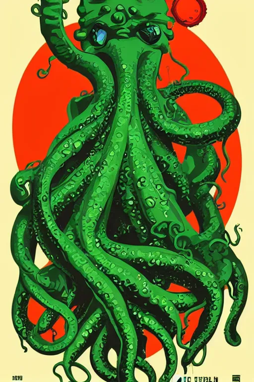 Image similar to a movie poster for the film (green tentacle Cthulhu) by Tom Whalen, highly detailed, award winning creature portrait, fantasy, artstation