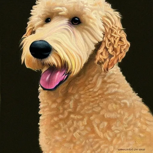 Prompt: portrait of a cute blond goldendoodle, high detail painting, award winning art, beautiful illustration, symmetry