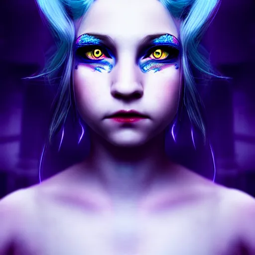 Image similar to The dragon girl portrait, portrait of young girl half dragon half human, dragon girl, dragon skin, dragon eyes, dragon crown, blue hair, long hair, highly detailed, cinematic lighting, Matte painting by David Lynch