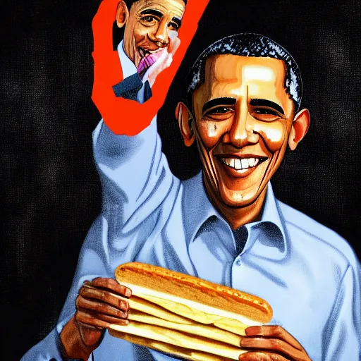 Image similar to Obama holding a noodle sandwich, realistic portrait