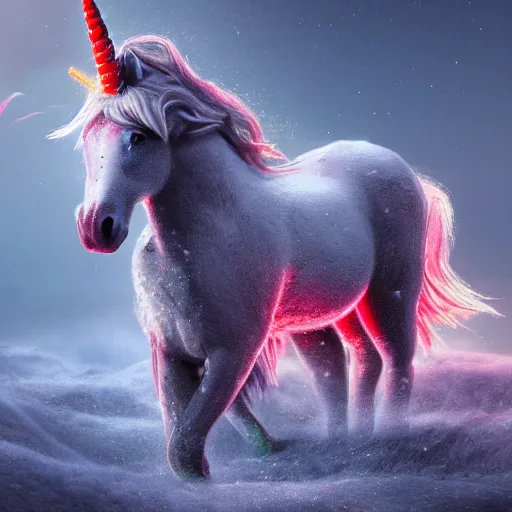 Prompt: a iridescent unicorn is bleeding in the snow, trail of blood follows behind it, toxic smog in the sky, ultra realistic, concept art, intricate details, highly detailed, photorealistic, octane render, 8 k, style of mary jackson