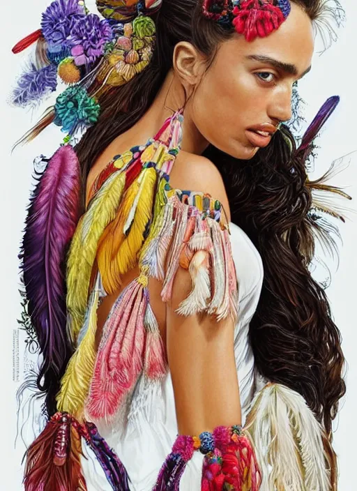 Image similar to beautiful portrait of Irina Shayk wearing fantastic Hand-dyed cotton dress,embellished beaded feather decorative fringe knots ,colorful pigtail,subtropical flowers and plants,symmetrical face,intricate,elegant,highly detailed,8k,digital painting,trending on pinterest,GUCCI,PRADA,harper's bazaar,concept art, sharp focus, illustration,by artgerm,Tom Bagshaw,Lawrence Alma-Tadema,greg rutkowski