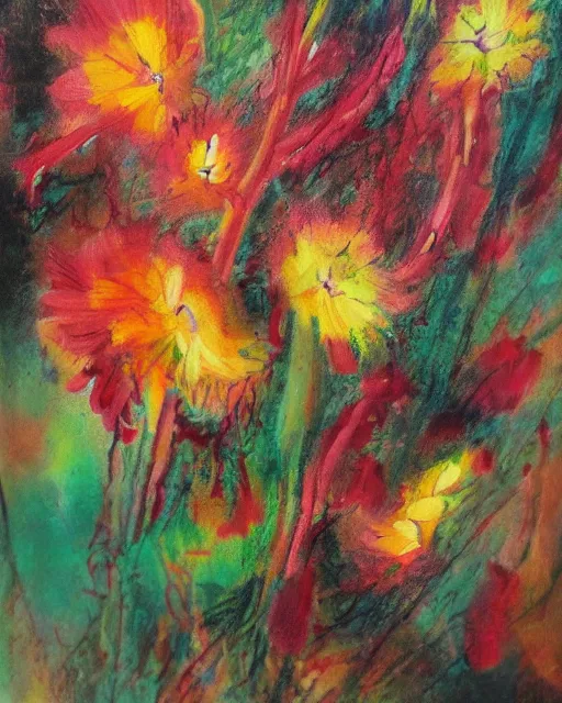 Prompt: a painting of a flower with violent brushstrokes, smudges, and stains