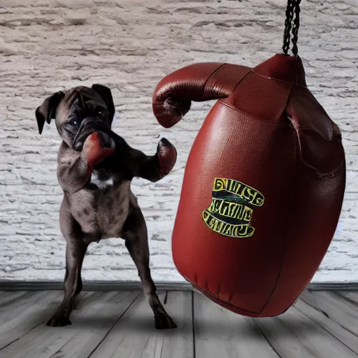 Prompt: brindle bullmastiff puppy boxing, punching heavy bag