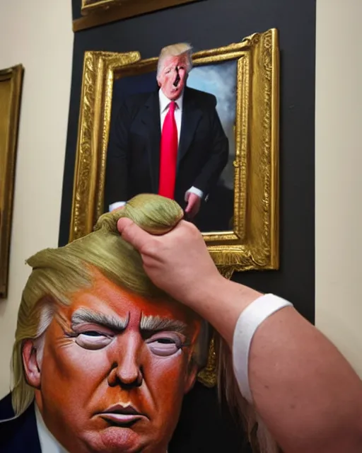 Image similar to a presidential portrait of donald trump as an oompa loompa in the style caricature artist oil painter sebastian kruger hanging on a wall at mar - a - largo