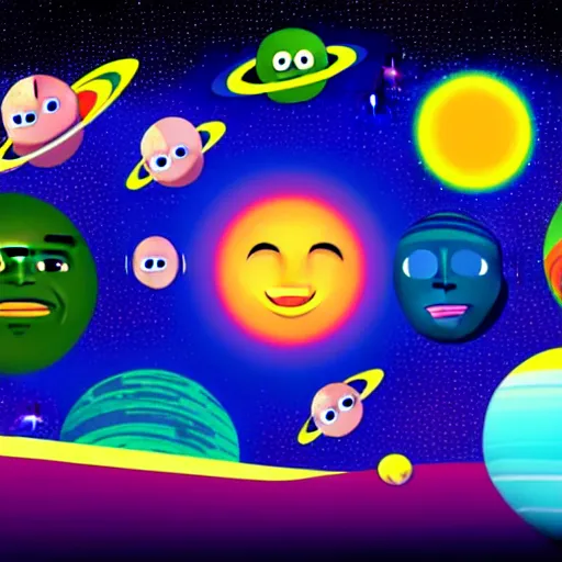 Image similar to outer space view of living planet with cartoon faces, style by kurzgesagt and pixar and dreamworks and disney