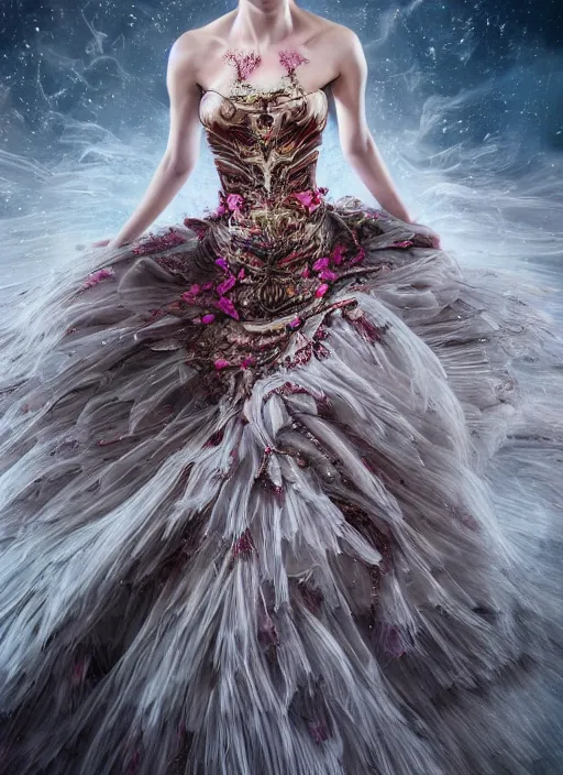 Image similar to expressive full body photo of anya taylor - joy, dress made of sweets, glamour shot, by karol bak, stefan gesell, photorealistic, nikon d 4 x, fashion photography, hyper maximalist, elegant, ornate, luxury, elite, environmental portrait, symmetrical features, octane render, unreal engine, solid dark grey background, dramatic lights