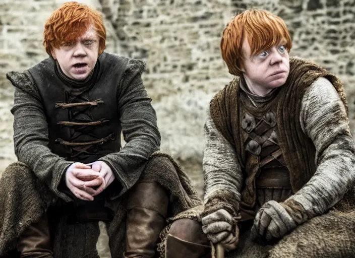 Image similar to ron weasley as thehnellor in game of thrones, rupert grint as thehnellor in game of thrones, live action film, cinematic photo, clear hd image