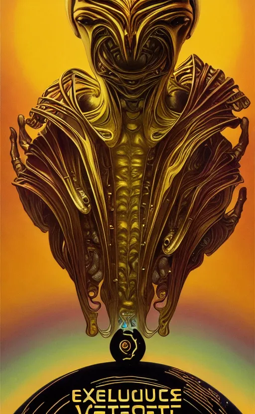 Image similar to exquisite imaginative alien creature poster art, text saying being from beyond, gold, movie art, looming, by lucusfilm, weta studio, alphonso mucha, james jean, frank frazetta, 8 k, denoised, sharp, crisp, high quality, cinematic