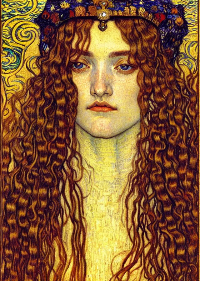 Image similar to detailed realistic beautiful young medieval queen face portrait by jean delville, gustav klimt and vincent van gogh, art nouveau, symbolist, visionary, gothic, pre - raphaelite, muted earthy colors, desaturated