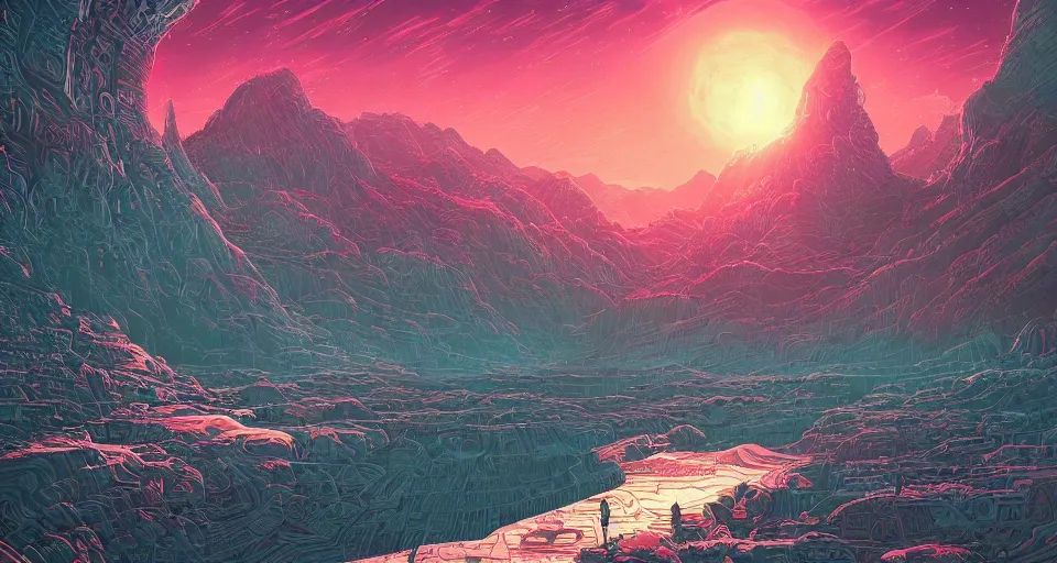 Prompt: a scifi landscape illustration by Dan Mumford, by Tokio Aoyama,trending on artstation,intricate,2d,4k,pastel colors
