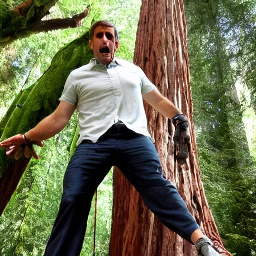 Image similar to steve carrell climbing a giant redwood tree with his claws