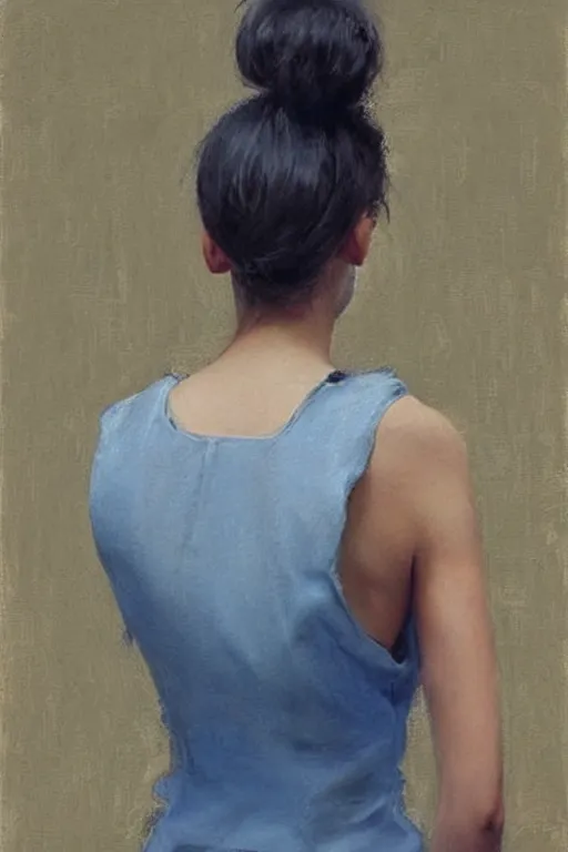 Image similar to girl with messy bun hairstyle, back view, blue camisole!!!!!!! shoulder tattoo!!!!!!! jeremy lipking, joseph todorovitch