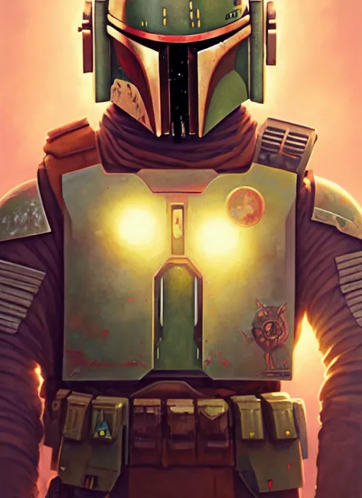 Image similar to symmetry! highly detailed portrait of boba fett, shallow focus!!!. fantasy art by greg rutkowski, loish, rhads, ferdinand knab, makoto shinkai and lois van baarle, ilya kuvshinov, rossdraws, tom bagshaw, alphonse mucha, global illumination, radiant light, space station.