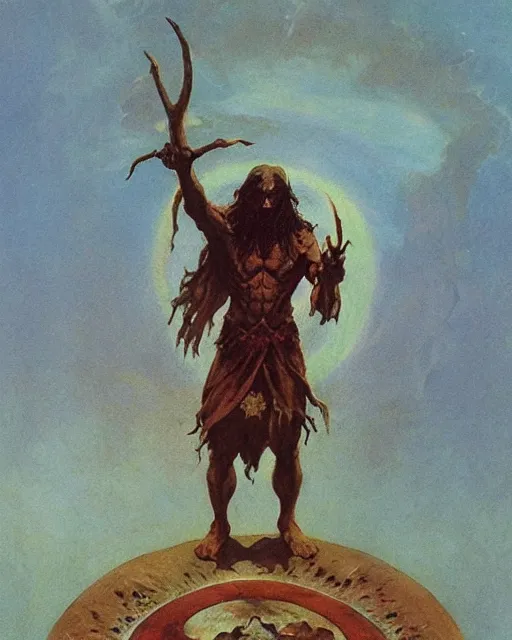 Image similar to a druid standing in a circle at the beginning of the world by frank frazetta