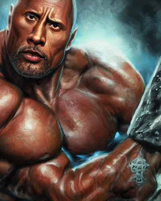 Image similar to close up shot of dwayne johnson, dnd, high fantasy. royo, artgem, wlop