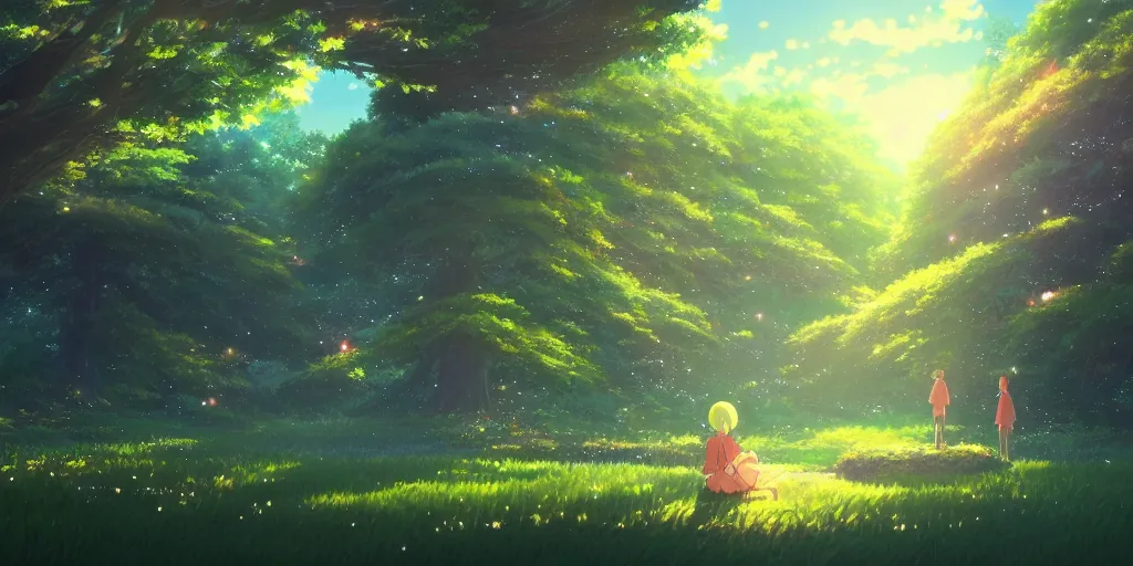 Image similar to beautiful anime painting of a magical forest, daytime, by makoto shinkai, kimi no na wa, studio ghibli, artstation, atmospheric.