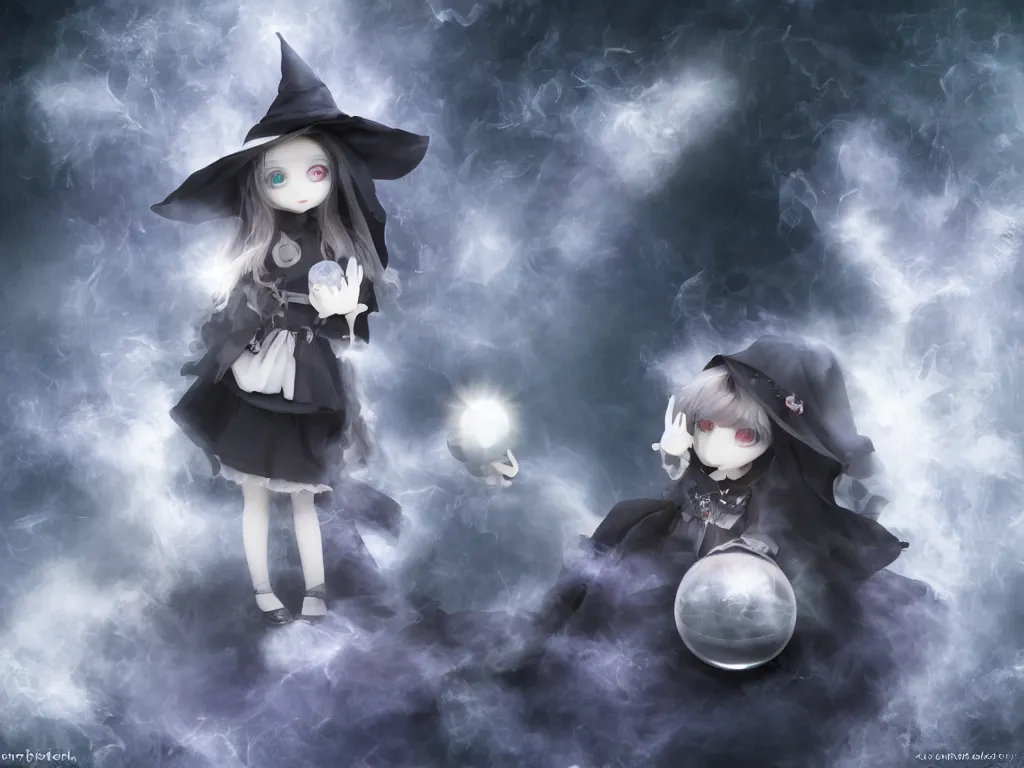 Image similar to cute fumo plush girl gazing into a crystal ball swirling with strange energy, black and white gothic horror, smoke and volumetric fog, witch girl, soothsayer, lens flare glow, chibi anime, vray