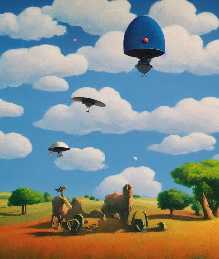 Prompt: a highly detailed painting of a stylized cartoon ufo over a meadow, there are cows on the meadow, one cow is being beamed up by an ufo, ufo has green light beam, very fine brush strokes, baby blue sky with aesthetic clouds, in the style of edward hopper, 4 k,