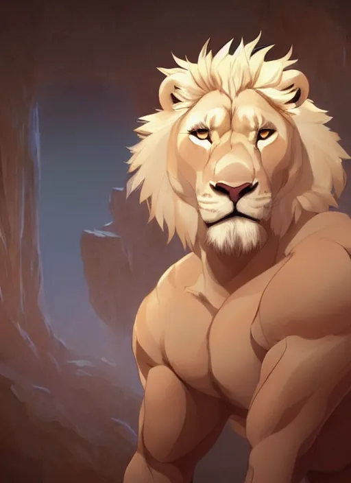 Image similar to award winning beautiful commission of a muscular male furry anthro albino lion wearing swim trunks chilling in a modern spa with soft warm atmospheric cozy lighting with beautiful hyperdetailed face. Character design by charlie bowater, ross tran, and makoto shinkai, detailed, inked, western comic book art