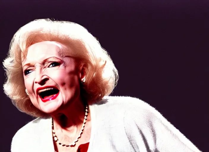 Image similar to publicity photo still of betty white as a gangsta rapper live on stage, 8 k, live concert lighting, mid shot