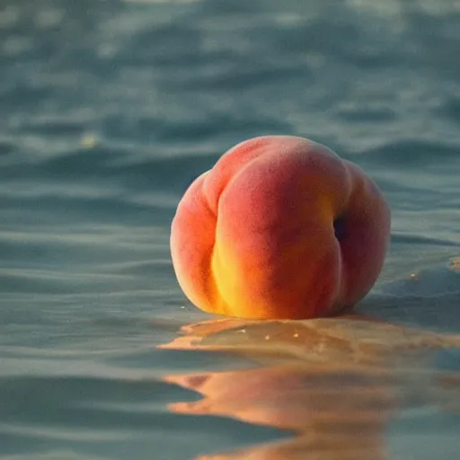Prompt: a peach with legs in the ocean