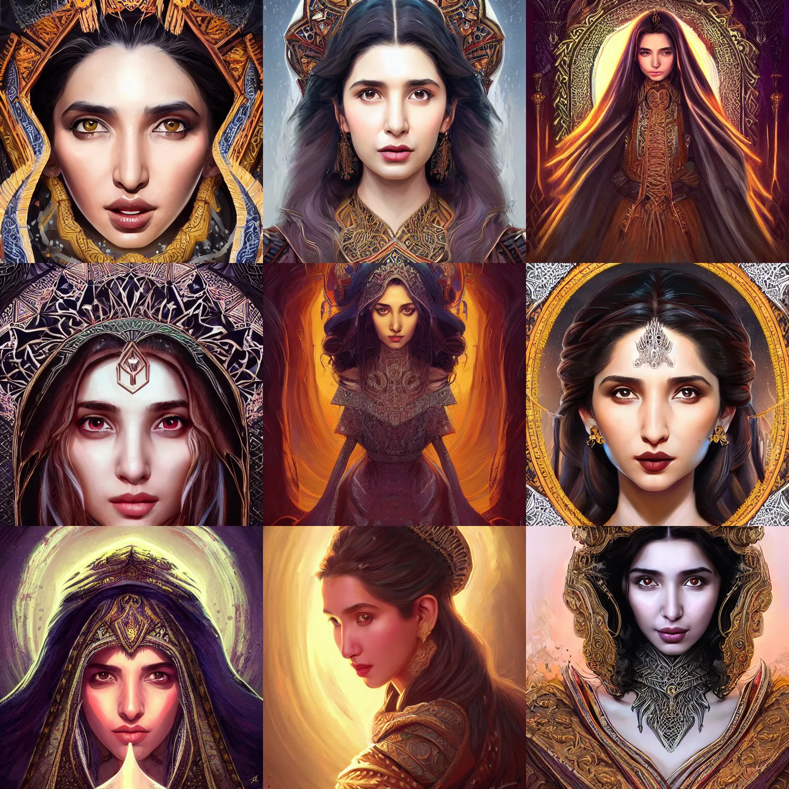Image similar to head-on centered symmetrical painted portrait, Mahira Khan as a D&D wizard, intricate fantasy robes, fantasy, intricate, elegant, highly detailed, digital painting, smooth, sharp focus, illustration, dramatic lighting, artstation, in the style of Artgerm and Anna Podedworna and Alex Ross