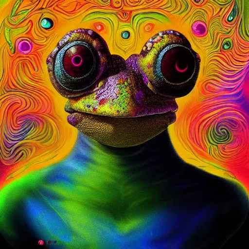 Image similar to An extremely psychedelic portrait of a toad, surreal, LSD, face, detailed, intricate, elegant, lithe, highly detailed, digital painting, artstation, concept art, smooth, sharp focus, illustration