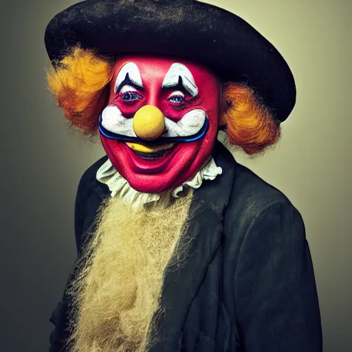 Image similar to an very old clown with a big nose of an alcoholic, happy look, studio photograph, soft lighting