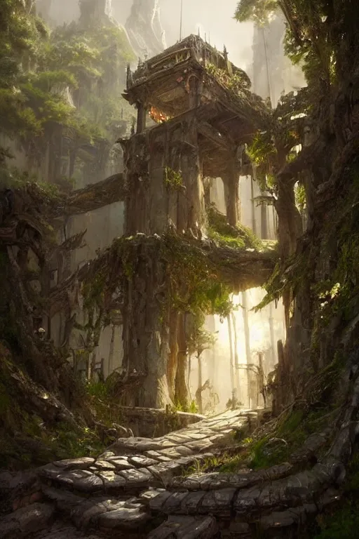 Image similar to the entrance of Valhalla, ornate, beautiful, weapons, lush, nature, low angle, in the style of Greg Rutkowski