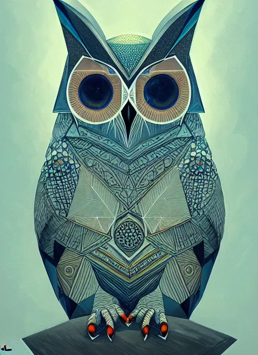 Image similar to portrait of a geometric owl, identical eyes, medium shot, illustration, full body made of white feathers, symmetrical, art stand, super detailed, cinematic lighting, and its detailed and intricate, gorgeous, by peter mohrbacher