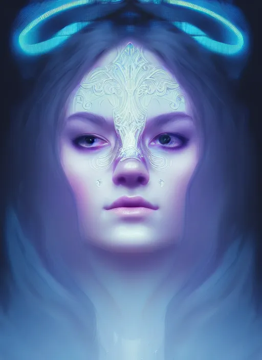 Prompt: centered portrait of a beautiful woman wearing a venetian mask, intricate concept art, ethereal, highly detailed, artstation, smooth, mist, cinematic, dramatic lighting, bloom, darksynth, illuminated blue lines, outrun, vaporware, 8 k, by ruan jia and ilya kuvshinov and liam wong and alphonse mucha