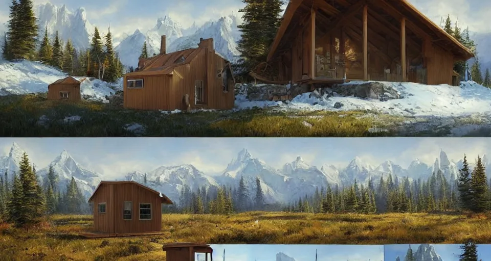 Image similar to cabela's beautiful comfortable self contained modular insulated wall container home kit - house all weather family dwelling tent house, person in foreground, mountainous forested wilderness open fields, beautiful views, painterly concept art, environmental concept art, concept art illustration, by james gurney, by craig mullins, by greg rutkowski trending on artstation