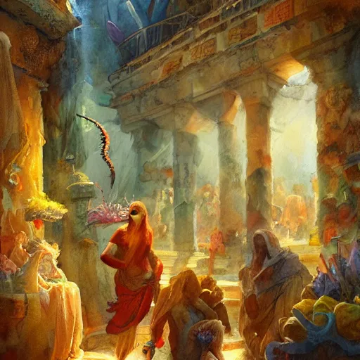 Image similar to a beautiful and vivid and colorful and chiaroscuro Grzegorz greg rutkowski watercolor painting of an ancient greek market with a yellow mermaid and fish and treasure and a bioluminescent coral garden underwater trending on artstation hq