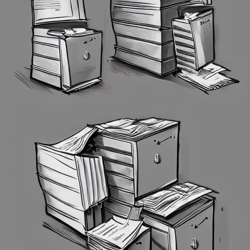 Image similar to filing cabinet overflowing with paperwork, stack of papers, metal filing cabinet, concept art, colored sketch, artstation award, detailed, explosive, flying papers