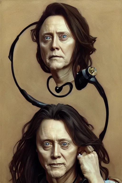 Image similar to portrait of christopher walken with an eyebrow piercing, high quality painting by artgerm and greg rutkowski and alphonse mucha