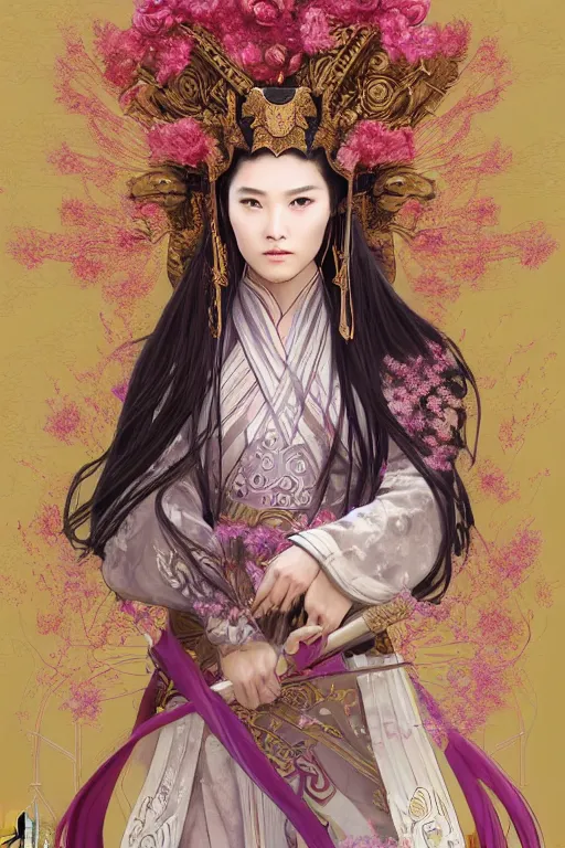 Image similar to beautiful ancient fantasy portrait of wuxia armored heroine wearing like Xian Xia wardrobe, in forbidden City, hybrid from Dynasty Warriror, flowers sea rainning everywhere, intricate, very very beautiful, elegant, highly detailed, digital painting, beautiful glowing galaxy eyes, artstation, fantasy concept art, smooth, sharp focus, illustration, art by WLOP and alphonse mucha and tian zi