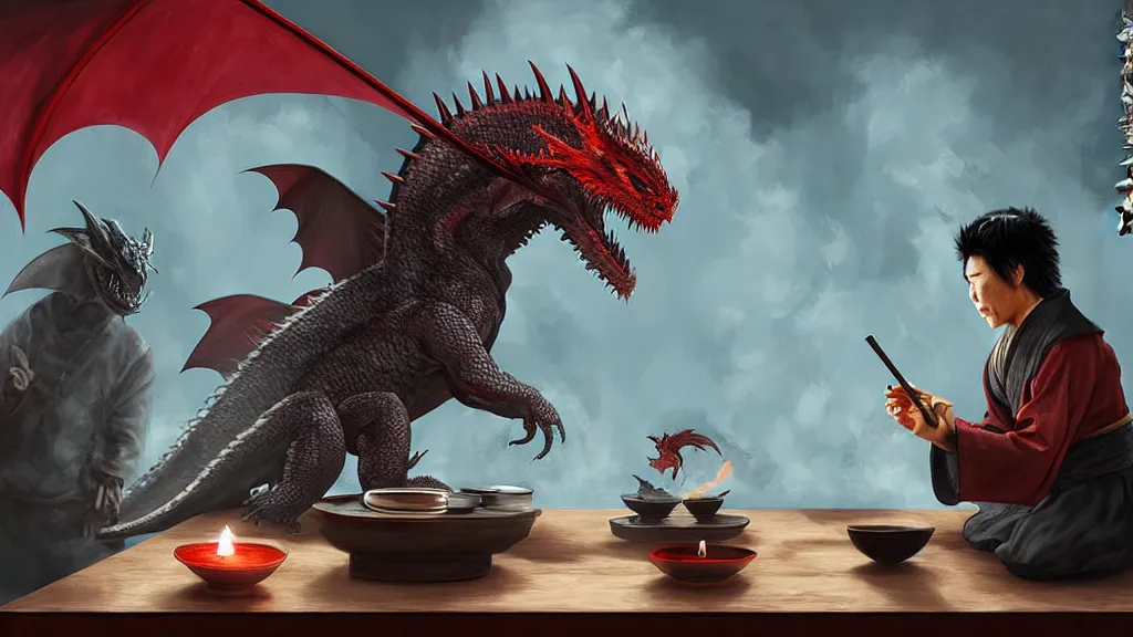 Prompt: Japanese tea ceremony between Billy the Kid and Drogon the dragon, fantasy concept art by Mark Winters