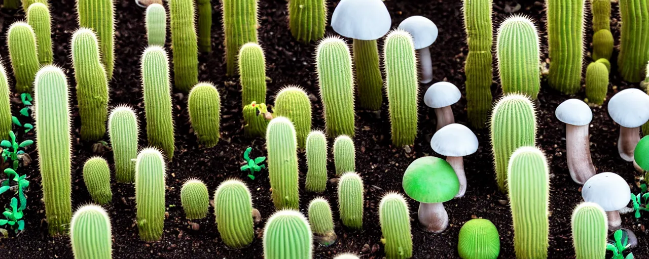 Prompt: mushroom-shaped electrostatic water condensation collector tower, irrigation, vertical gardens, cacti, in the desert, XF IQ4, 150MP, 50mm, F1.4, ISO 200, 1/160s, natural light