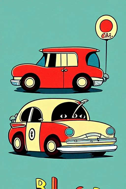 Prompt: by richard scarry. a cat shaped car. a 1 9 5 0 s retro illustration. studio ghibli. muted colors, detailed