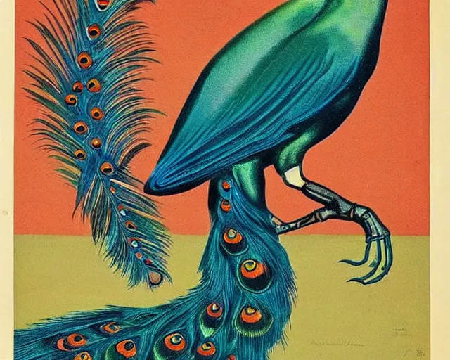 Prompt: vintage art deco animal poster depicting a half cat half peacock hybrid