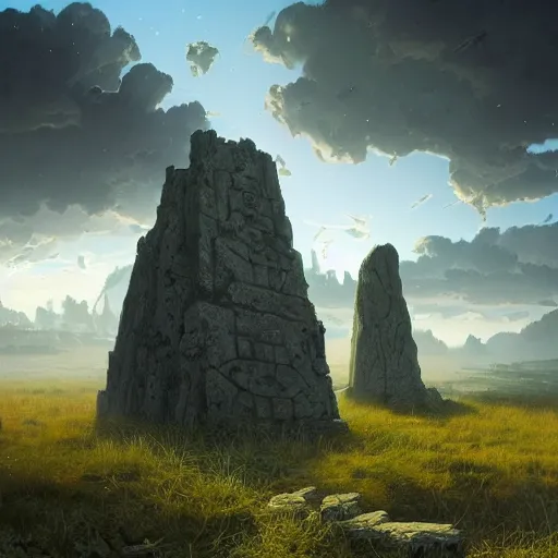 Prompt: A beautiful hyper realistic detailed matte painting of giant dilapidated broken crumbling stone monoliths in a grassy field. Large glowing interdimensional stargate portal, dramatic lighting, dynamic lighting, cinematic lighting, dusk lighting, by Beeple Dan Mumford Andreas Rocha, unreal engine, featured on artstation, ultrawide angle, f8, polarizer filter