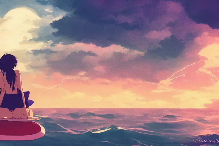 Prompt: anime woman sitting on surf board, tropical island, night time, storm in distance, wide angle, by studio ghibli, yuumei, anime, hazy, foggy, ambient lighting, cottagecore,