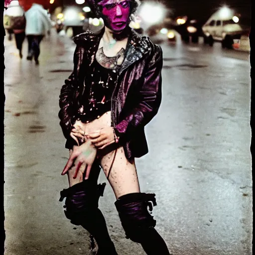 Image similar to night color flash portrait photography of punks on the lower east side by diane arbus, colorful!!, nighttime!, raining!