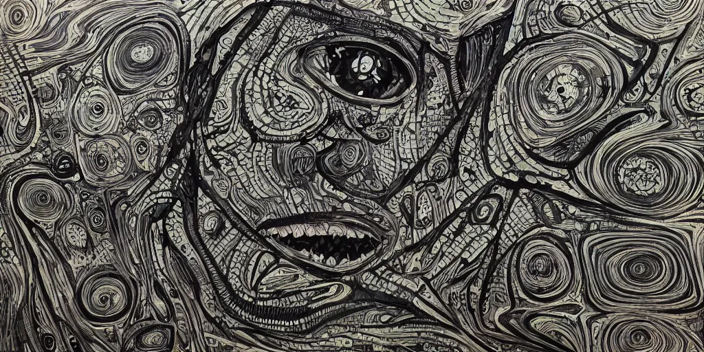 Image similar to camo of lines, technical, acrylic, teeth, eerie, tribal, clay, dots, lines, stipple, points, grid, cybernetic, old painting, swirly eyes, hypnosis