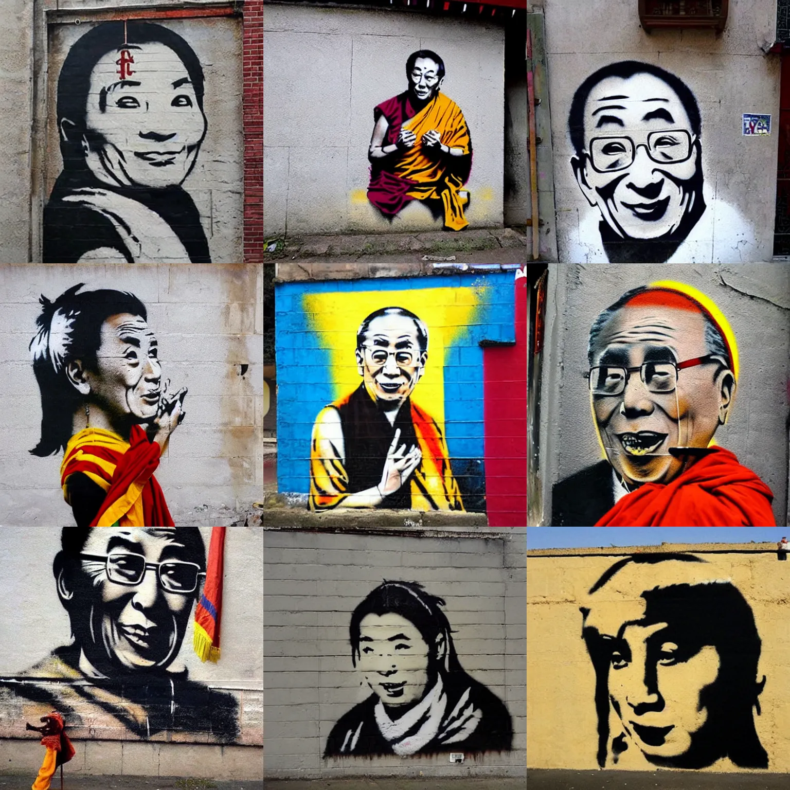 Prompt: Banksy street art Dalai Lama Free Tibet