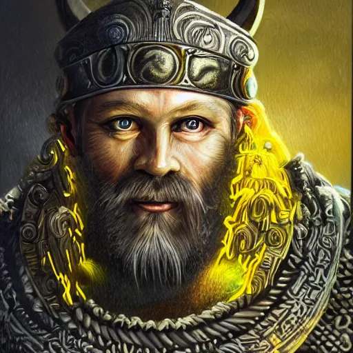 Image similar to mythological viking odin all father Shaman of artificial intelligence with white beard creating an artificial neural network with yellow synapses on an anvil, high resolution, award winning art, trending on art station, sharp image, incredibly detailed, detailed character realistic painting